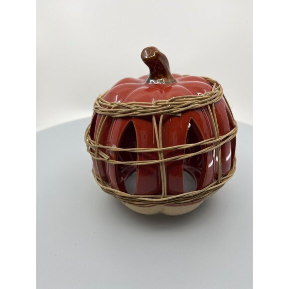 Ceramic Pumpkin Candle Holder With Rustic Wicker Detailing - Picture 3 of 13